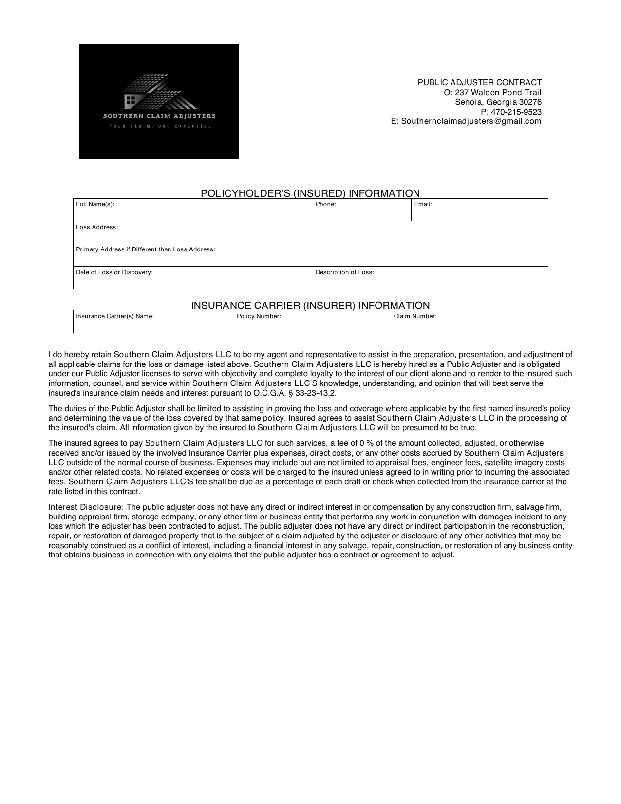 Public Adjuster Contract page 1