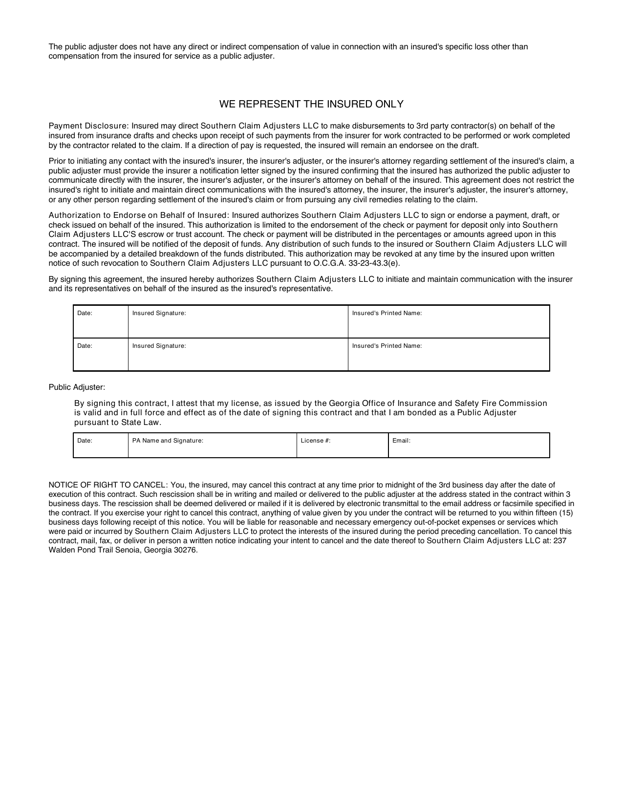 Public Adjuster Contract page 2 with signature sections